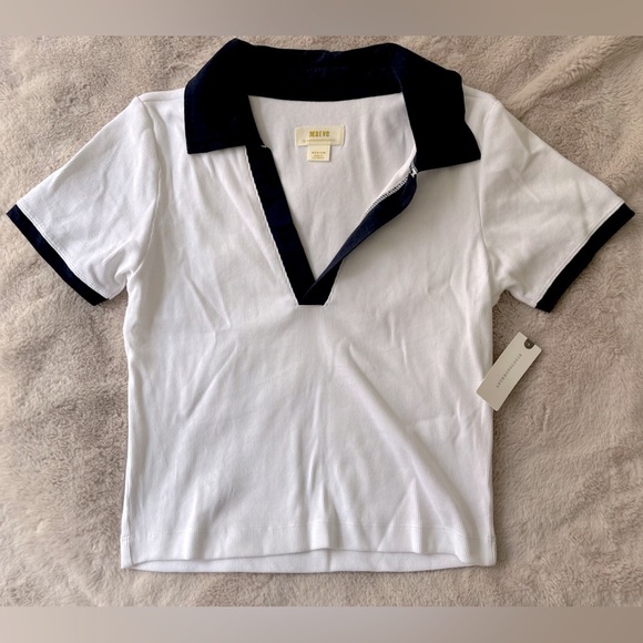 NWT Anthropologie Maeve Colorblock Ribbed Polo Shirt White Black Size M - Picture 6 of 11